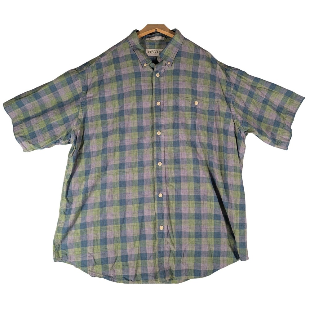 Orvis Mens XL Short Sleeve Button Down Shirt Plaid Green Blue Cotton Relaxed Fit